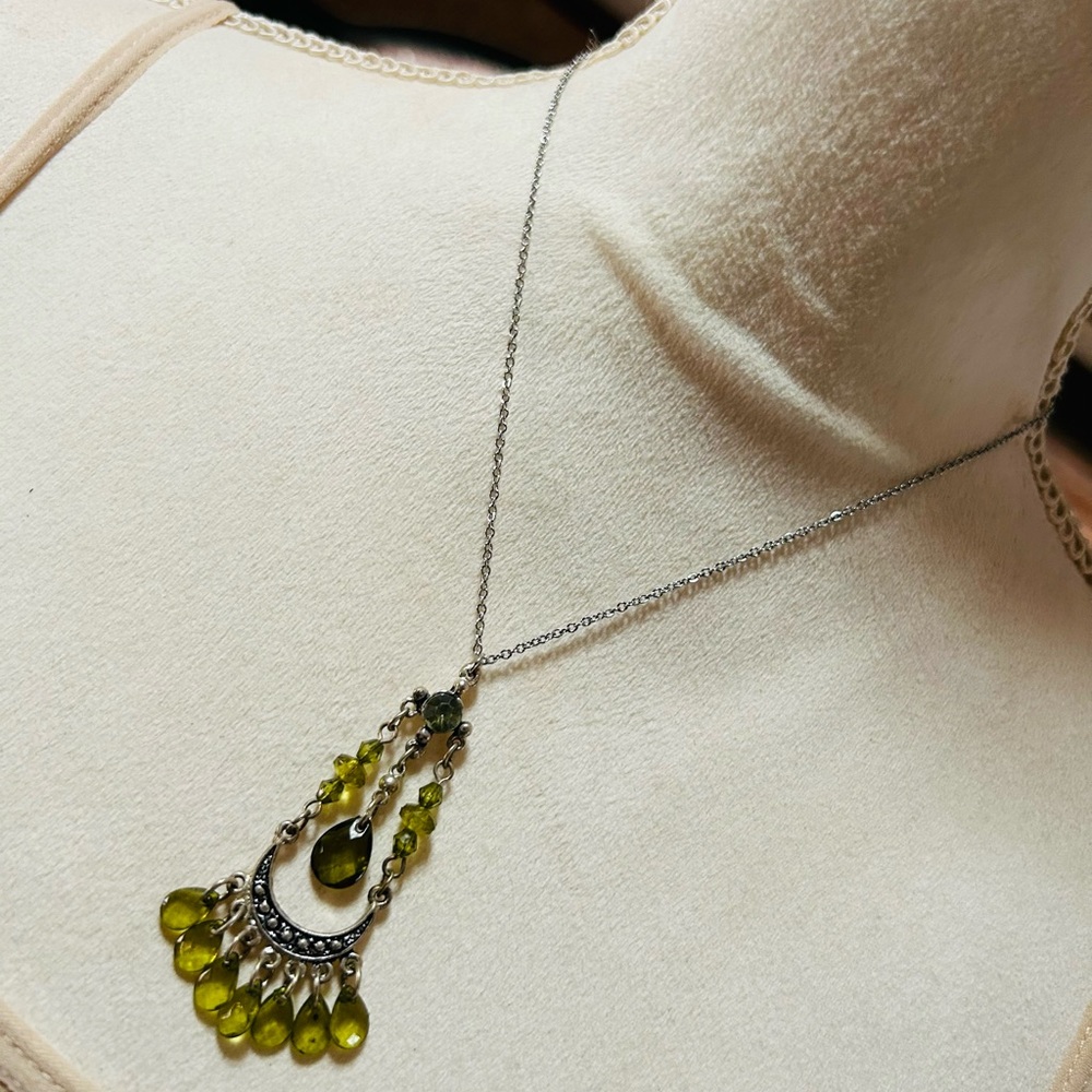 Forest green faceted glass crystal chandelier pendant on chain necklace